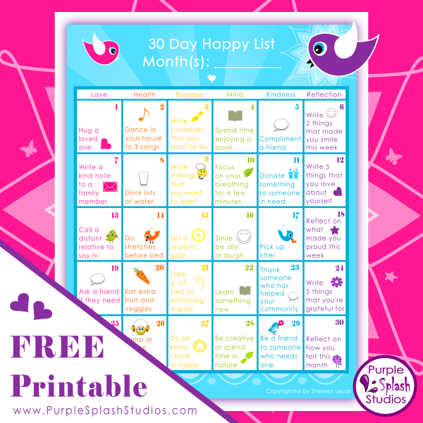Free Printable for Families or Kids: 30 Days Happy List 