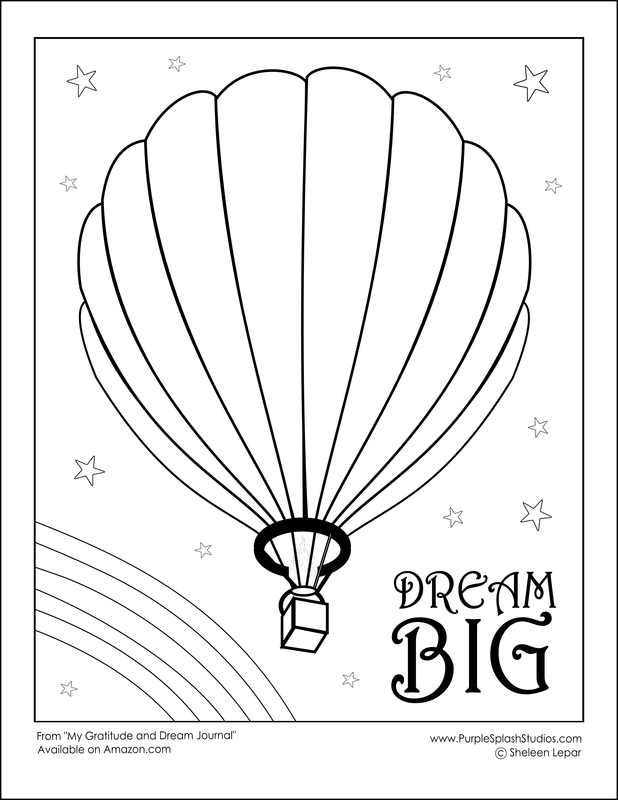 Free Printable for Families or Kids: Coloring In (Dream Big Hotair Balloon and Rainbow)